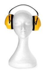 Mannequin with headphones on white background. Hearing protection