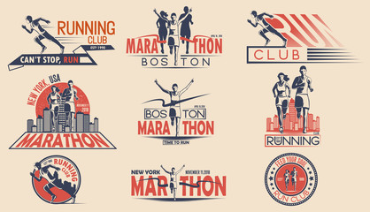 Set of design of logos, badges for running tournament, sports team, marathon. Vector illustration.