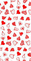 Vector illustration of a seamless pattern of red hand-drawn hearts isolated on a white background