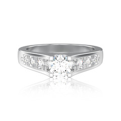 3D illustration isolated white gold or silver decorative engagement wedding diamond ring with reflection