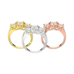 3D illustration isolated three yellow, rose and white gold three stone diamonds rings