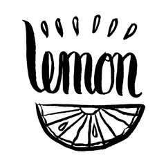 drawing of a slice of lemon and inscription lettering words 