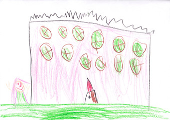 Kinderzeichnung: Das pinke Haus mit den runden Fenstern