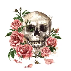 Poster Menselijke schedel omringd door bloemen. Aquarel illustratie. © nataliahubbert