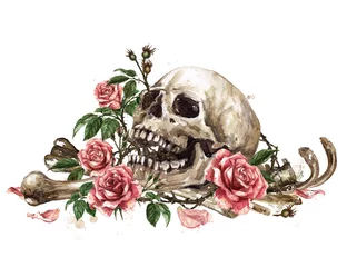 Gordijnen Menselijke schedel omringd door bloemen. Aquarel illustratie. © nataliahubbert