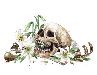 Human Skull surrounded by Flowers. Watercolor Illustration.