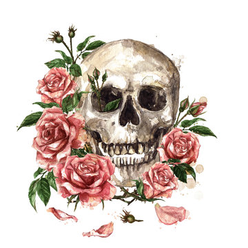 Human Skull surrounded by Flowers. Watercolor Illustration.