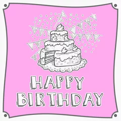 Foto auf Acrylglas Van harte gefeliciteerd wenskaart met taart en vlaggen - roze kleur  © emieldelange