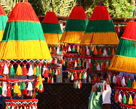 Egyptian open air market stand, colorful decorations