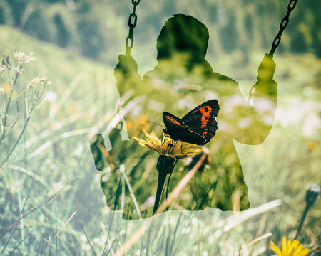 Fototapeta Double exposure of kid on swing and beautiful butterfly on dandelion flower