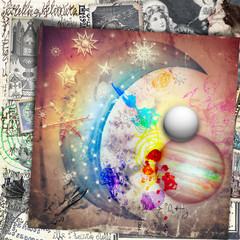 Luna delle fiabe con stelle,fiocchi di neve,pianeti e vecchi,misteriosi manoscritti © Rosario Rizzo