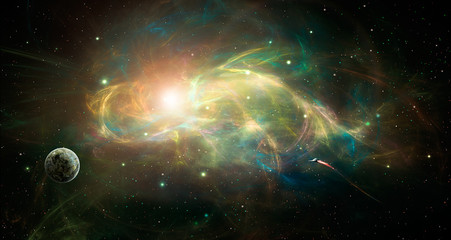 Space scene. Colorful nebula with planet and spaceship. Elements furnished by NASA. 3D rendering