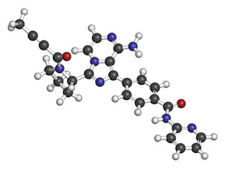 Acalabrutinib cancer drug molecule. 3D rendering. Atoms are represented as spheres with conventional color coding: hydrogen (white), carbon (grey), nitrogen (blue), oxygen (red).