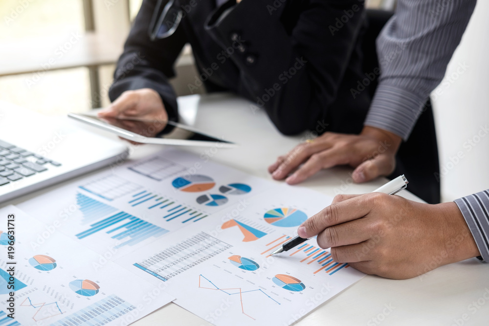 Aufkleber Business team meeting working with new startup project, discussion and analysis data the charts and graphs. Digital tablet calculator, laptop computer using, Business finances and accounting concept