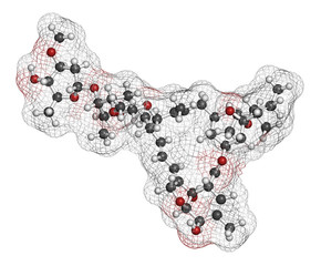Abamectin insecticide molecule. 3D rendering. Atoms are represented as spheres with conventional color coding.