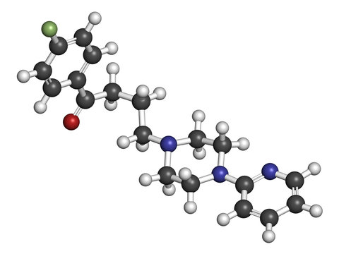Azaperone antipsychotic drug molecule. 3D rendering. Atoms are represented as spheres with conventional color coding.