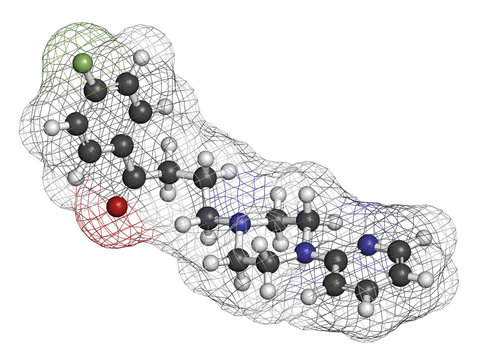 Azaperone antipsychotic drug molecule. 3D rendering. Atoms are represented as spheres with conventional color coding.