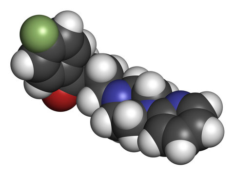 Azaperone antipsychotic drug molecule. 3D rendering. Atoms are represented as spheres with conventional color coding.