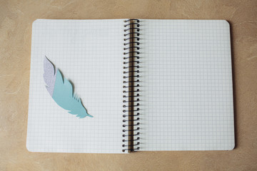 Notebook and feather on the table