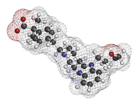 Bilastine antihistamine drug molecule. 3D rendering. Atoms are represented as spheres with conventional color coding: hydrogen (white), carbon (grey), nitrogen (blue), oxygen (red).