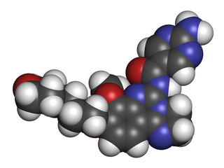 Copanlisib cancer drug molecule (PI3K inhibitor). 3D rendering. Atoms are represented as spheres with conventional color coding: hydrogen (white), carbon (grey), nitrogen (blue), oxygen (red).