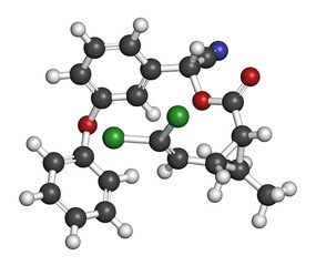 Cypermethrin insecticide molecule. 3D rendering. Atoms are represented as spheres with conventional color coding: hydrogen (white), carbon (grey), oxygen (red), nitrogen (blue), chlorine (green).