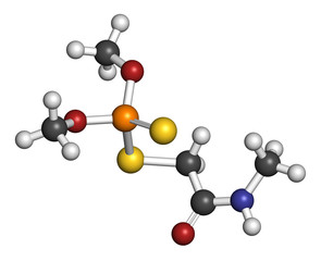 Dimethoate insecticide molecule. 3D rendering. Atoms are represented as spheres with conventional color coding: hydrogen (white), carbon (grey), etc