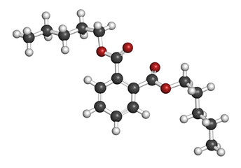 Di-n-pentyl phthalate (DNPP) plasticizer molecule. 3D rendering. Atoms are represented as spheres with conventional color coding: hydrogen (white), carbon (grey), oxygen (red).