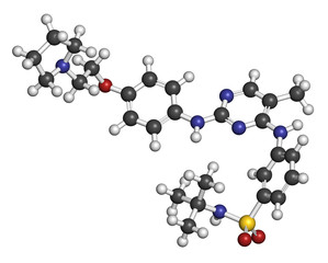Fedratinib cancer drug molecule. 3D rendering. Atoms are represented as spheres with conventional color coding: hydrogen (white), carbon (grey), nitrogen (blue), oxygen (red), sulfur (yellow). © molekuul.be