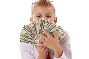 young cute boy holding lot of cash, american dollars