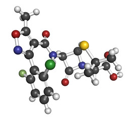 Flucloxacillin (floxacillin) antibiotic drug molecule. 3D rendering. Atoms are represented as spheres with conventional color coding.