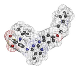Fedratinib cancer drug molecule. 3D rendering. Atoms are represented as spheres with conventional color coding: hydrogen (white), carbon (grey), nitrogen (blue), oxygen (red), sulfur (yellow). © molekuul.be