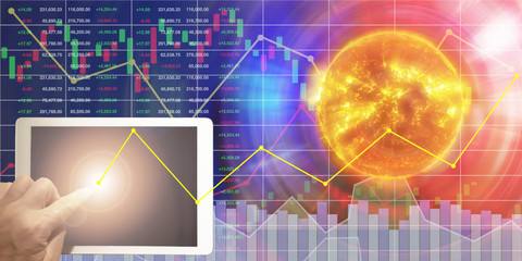 Advance Technology and the power of connection can control everything.Finger press on tablet screen analyse big data and research presentation on cloud technology.Image of sun furnished by NASA.