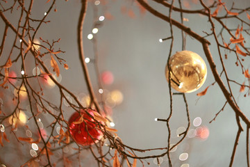 Christmas toys on a branch