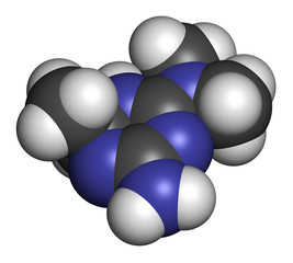 Imeglimin diabetes drug molecule. 3D rendering. Atoms are represented as spheres with conventional color coding: hydrogen (white), carbon (grey), nitrogen (blue).