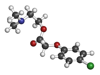 Meclofenoxate nootropic molecule. 3D rendering. Atoms are represented as spheres with conventional color coding: hydrogen (white), carbon (grey), oxygen (red), nitrogen (blue), chlorine (green).