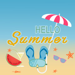 Poster Hello Summer template with beach summer accessories, drink and sunglasses.