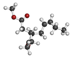 Methyl jasmonate plant stress signal molecule. 3D rendering. Atoms are represented as spheres with conventional color coding: hydrogen (white), carbon (grey), oxygen (red).
