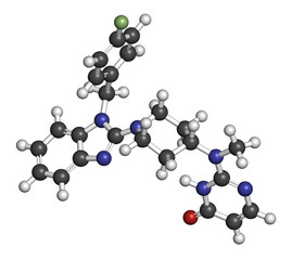 Mizolastine antihistamine drug molecule. 3D rendering. Atoms are represented as spheres with conventional color coding.