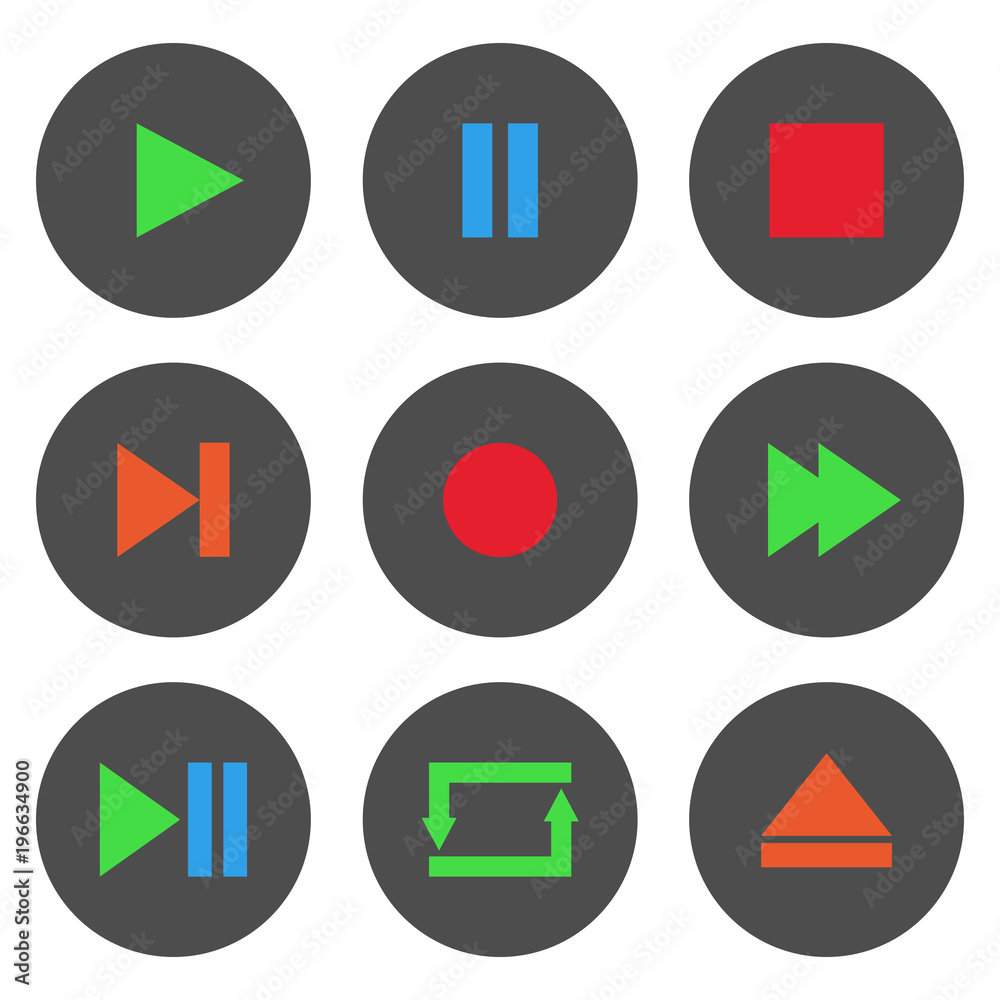 Wall mural Colorful media player control buttons set. Play, pause, stop, record, forward, rewind, previous, next, eject, repeat  icon. Vector.