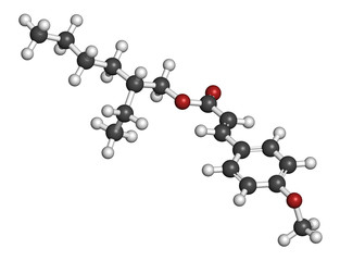 Octyl methoxycinnamate (octinoxate) sunscreen molecule. 3D rendering. Atoms are represented as spheres with conventional color coding: hydrogen (white), carbon (grey), oxygen (red).