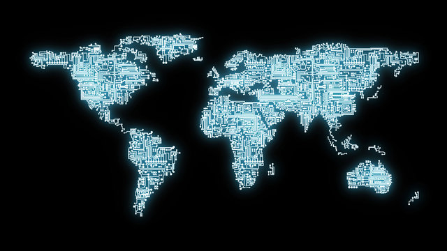 Blue tinted illustration of world map rendered as computer circuits representing communication and networking