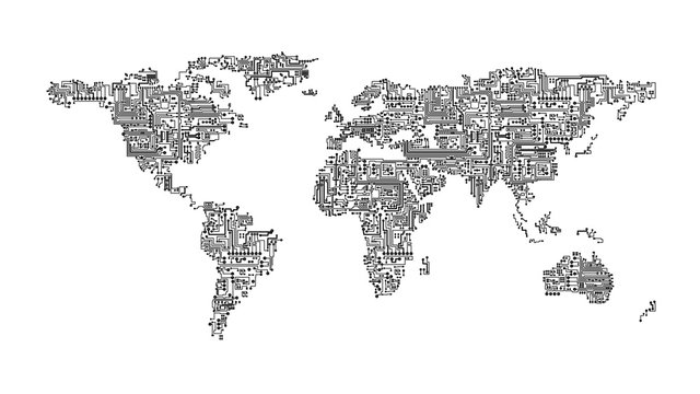 Black and white illustration of world map rendered as computer circuits representing communication and networking