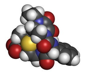Piperacillin antibiotic drug molecule. 3D rendering. Atoms are represented as spheres with conventional color coding: hydrogen (white), carbon (grey), nitrogen (blue), oxygen (red), sulfur (yellow).