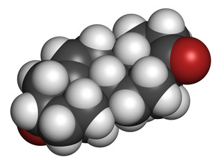 Prasterone (dehydroepiandrosterone, DHEA) drug molecule. 3D rendering. Atoms are represented as spheres with conventional color coding: hydrogen (white), carbon (grey), oxygen (red).