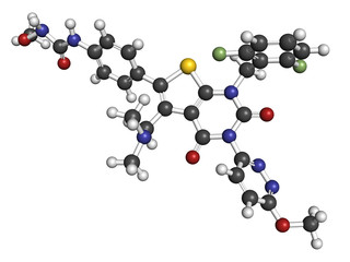 Relugolix drug molecule (gonadotropin-releasing hormone receptor antagonist). 3D rendering. Atoms are represented as spheres with conventional color coding.