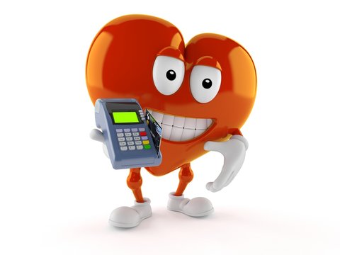 Heart character holding credit card reader