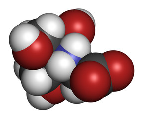 Tricine buffering agent molecule. 3D rendering. Atoms are represented as spheres with conventional color coding: hydrogen (white), carbon (grey), oxygen (red), nitrogen (blue).