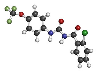 Triflumuron insecticide molecule. 3D rendering. Atoms are represented as spheres with conventional color coding.