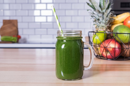 A jar with healthy green smoothie
